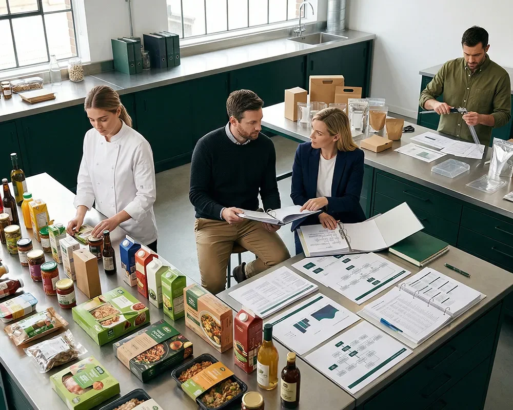 Cross-functional team reviewing product samples, packaging, and strategy documents in a food product development lab.