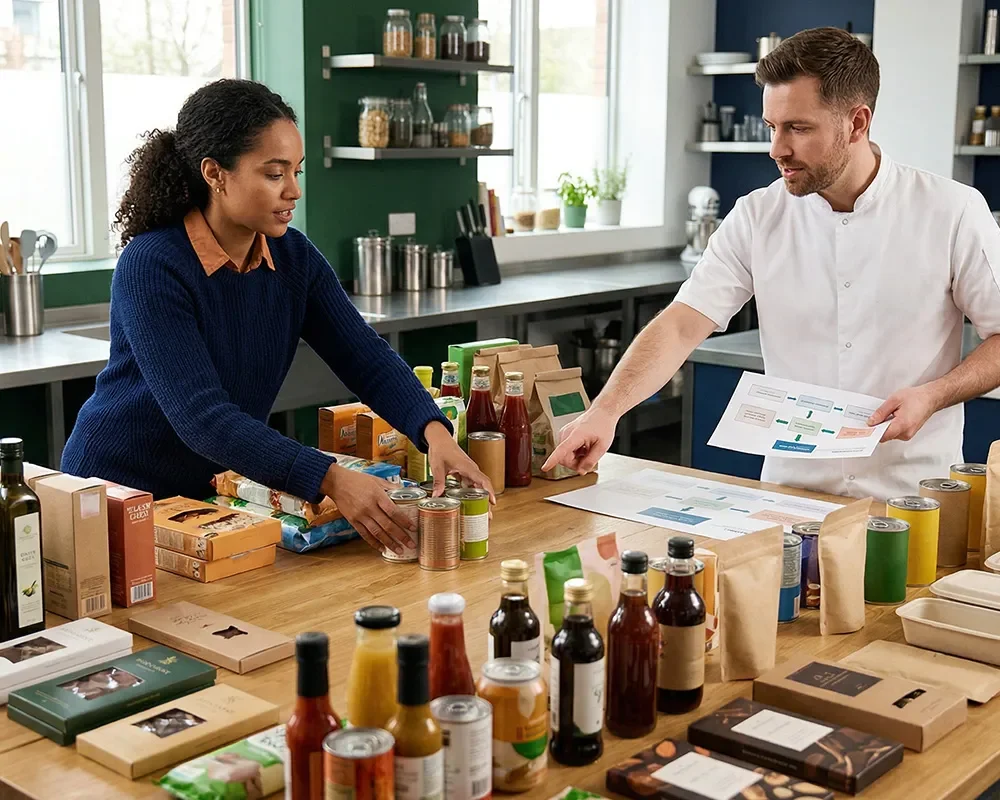 Two team members reviewing packaged food products and category strategy documents during a portfolio review session.