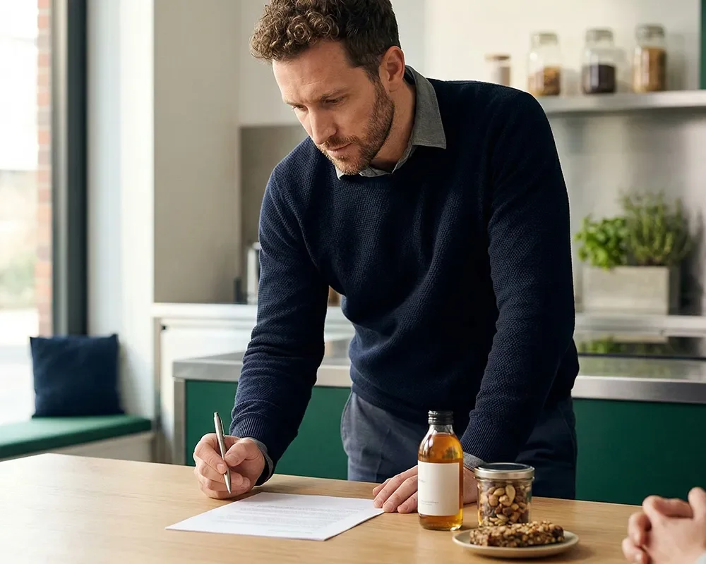 Business leader reviewing strategy documents and product samples while making a decision in a development workspace.