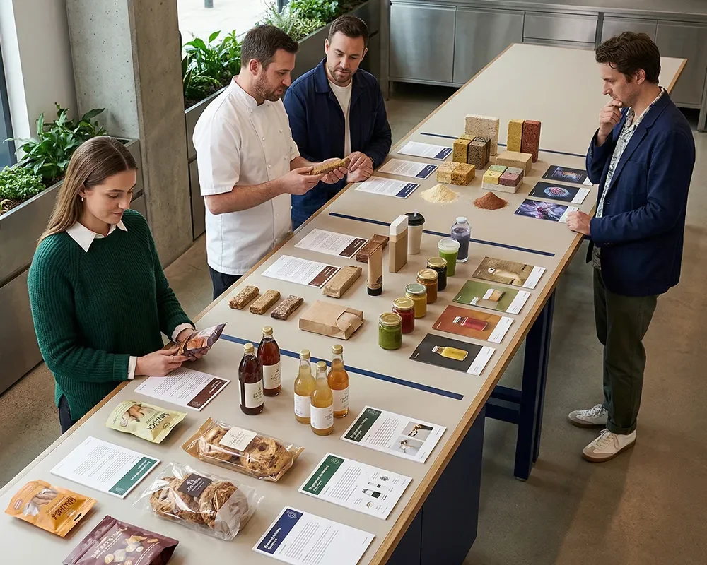 Team reviewing food products and concepts arranged across a long table representing short-, medium-, and long-term innovation horizons.
