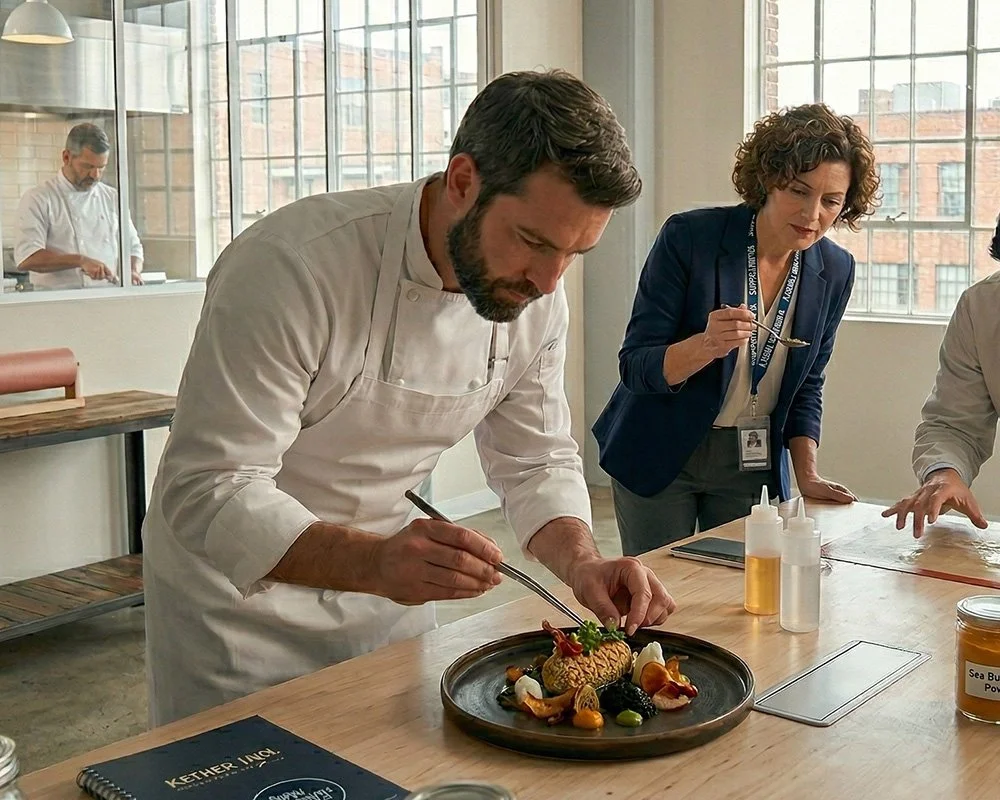Chef and product team refining a plated food concept while reviewing development notes in a test kitchen.