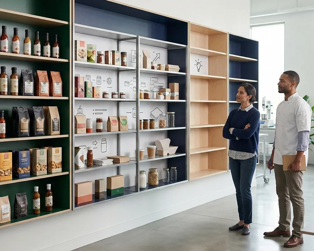 Two professionals reviewing shelves of packaged food products and packaging concepts in a product development workspace.