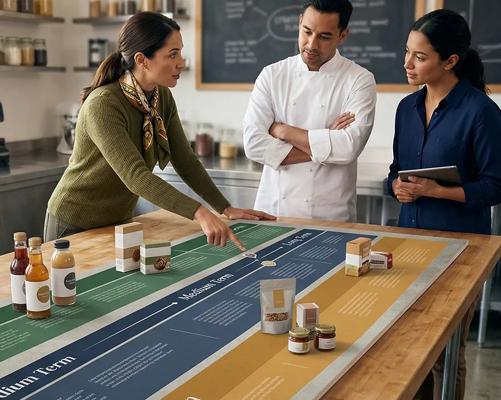 Three professionals reviewing a visual innovation roadmap with product samples and packaging concepts on a strategy table.