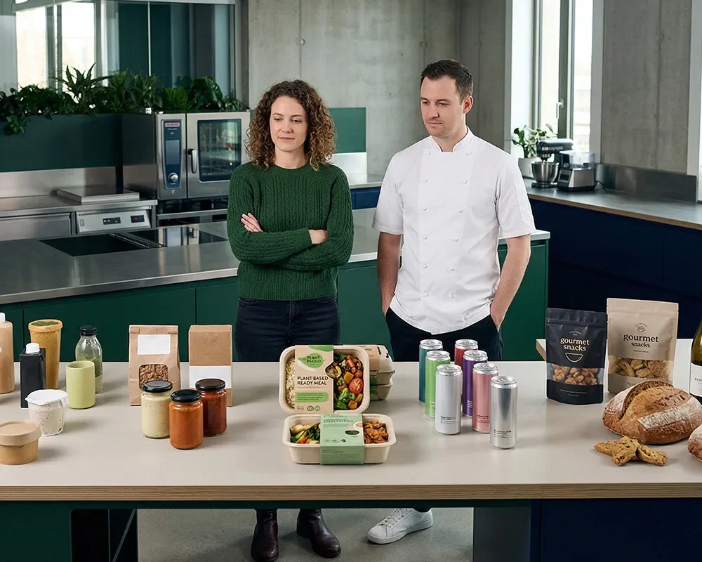 Two professionals standing behind a table of packaged food products while evaluating portfolio performance.