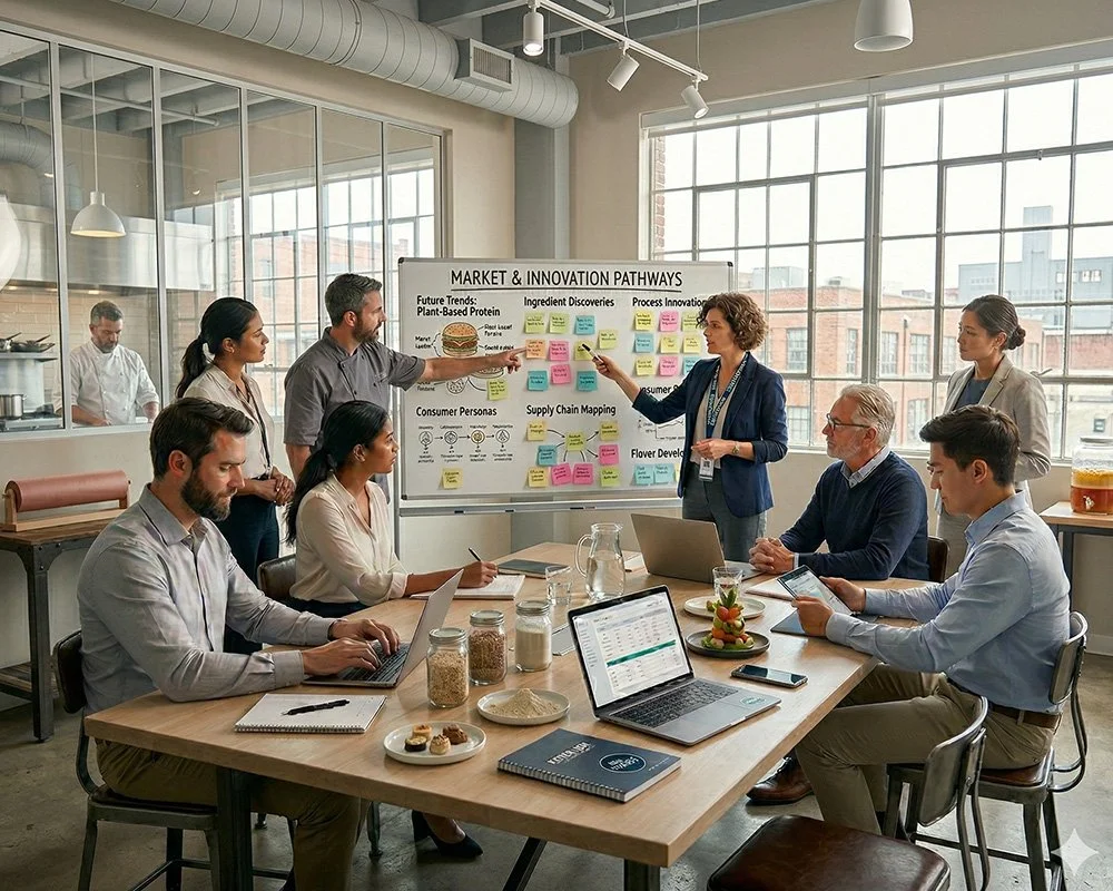 Team reviewing consumer insights, trends and market pathways on a strategy board during a discovery workshop.
