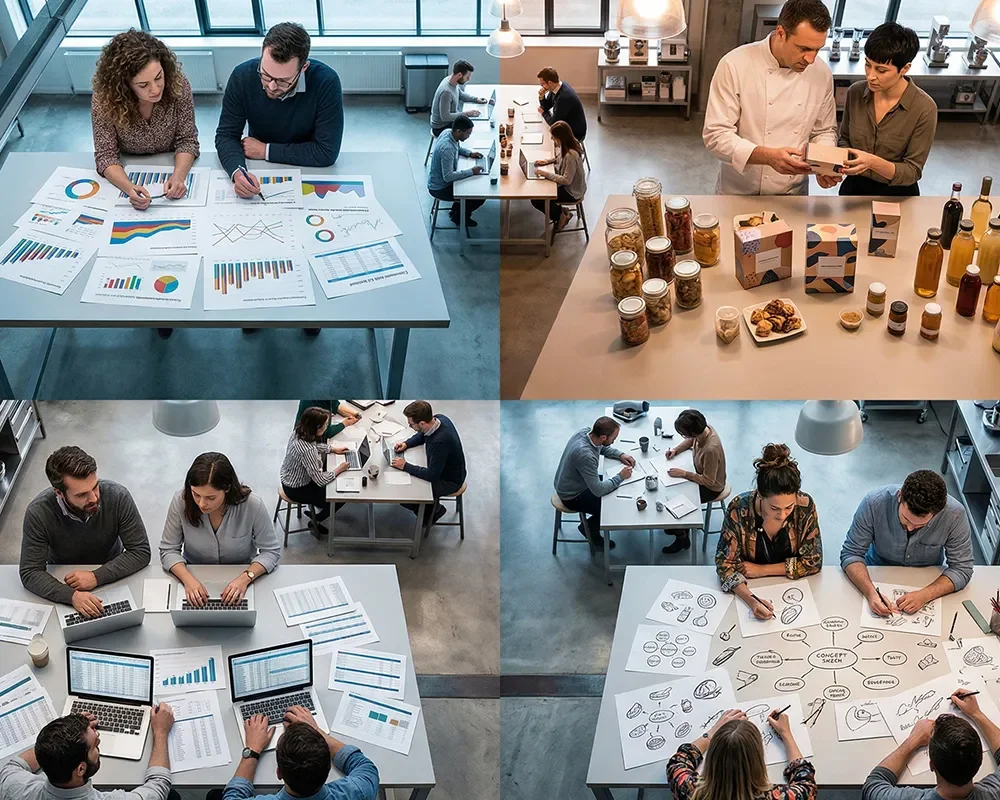 Team reviewing charts and product samples around a table while discussing challenges in innovation strategy.