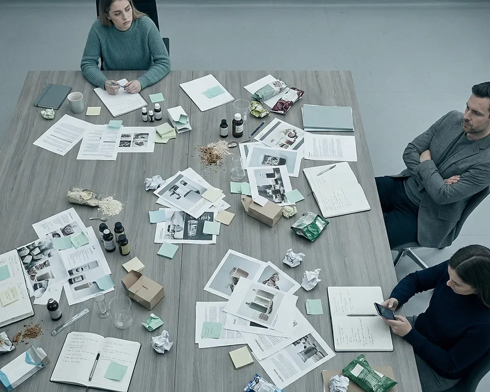 Team sitting around a cluttered table covered with notes, product concepts, and research documents during a stalled innovation session.