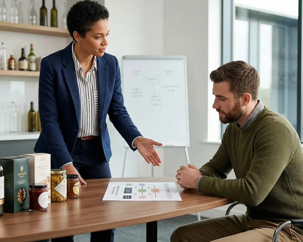 Manager presenting a product strategy chart to a colleague while discussing innovation investment decisions.
