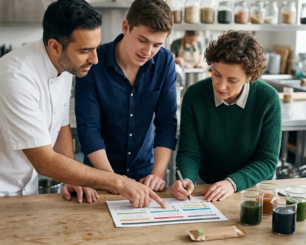 Two professionals reviewing market insights and product samples while discussing next steps for investment.