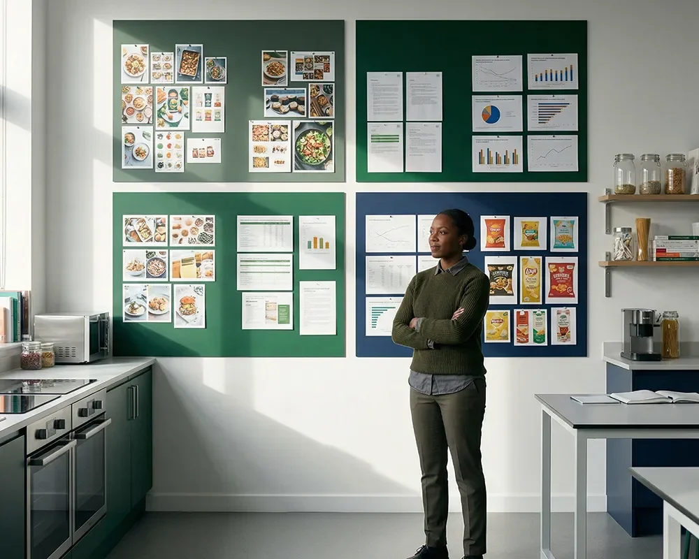 Business leader standing in a modern kitchen workspace beside packaged food products and market strategy documents.