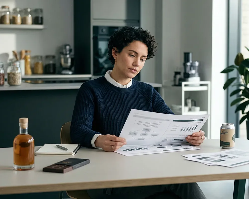 Professional reviewing business reports and performance charts at a desk while reconsidering strategic priorities.