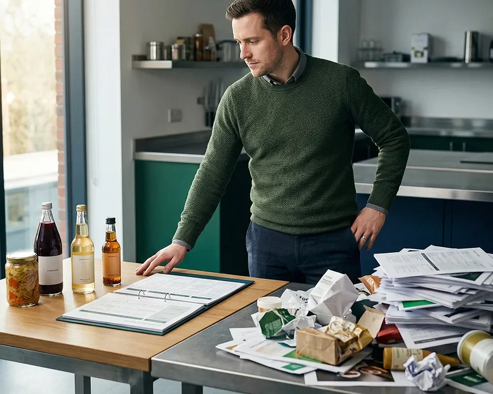 Product manager reviewing documents and packaged food samples beside a messy stack of discarded ideas and reports.