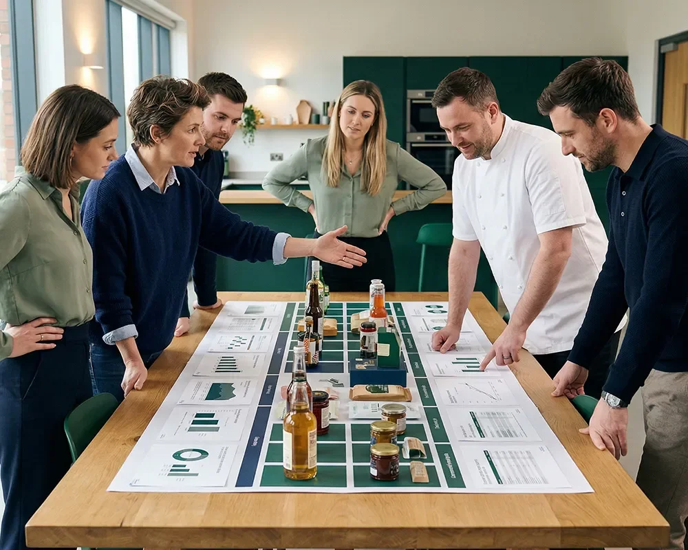 Cross-functional team reviewing a growth strategy table with charts, product samples, and performance metrics.