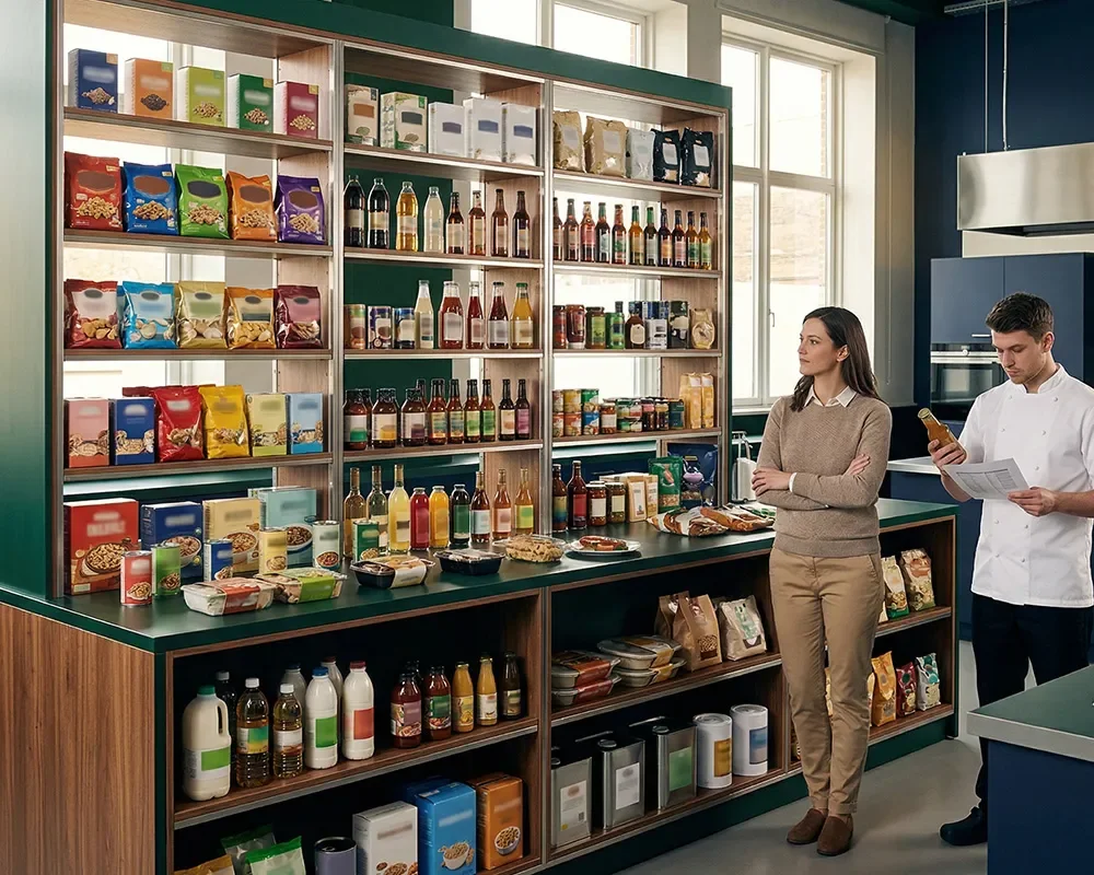 Two professionals reviewing a large display of packaged food and beverage products in a development workspace.