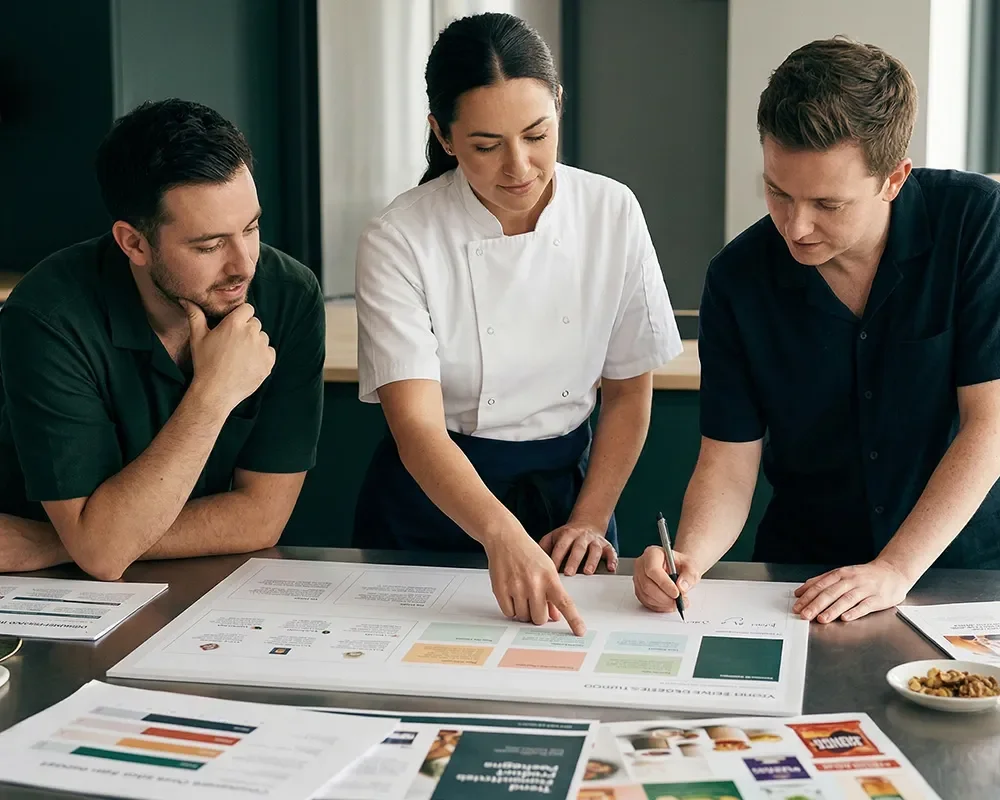 Three colleagues reviewing a shared strategy document together to align on a single version of the business plan.