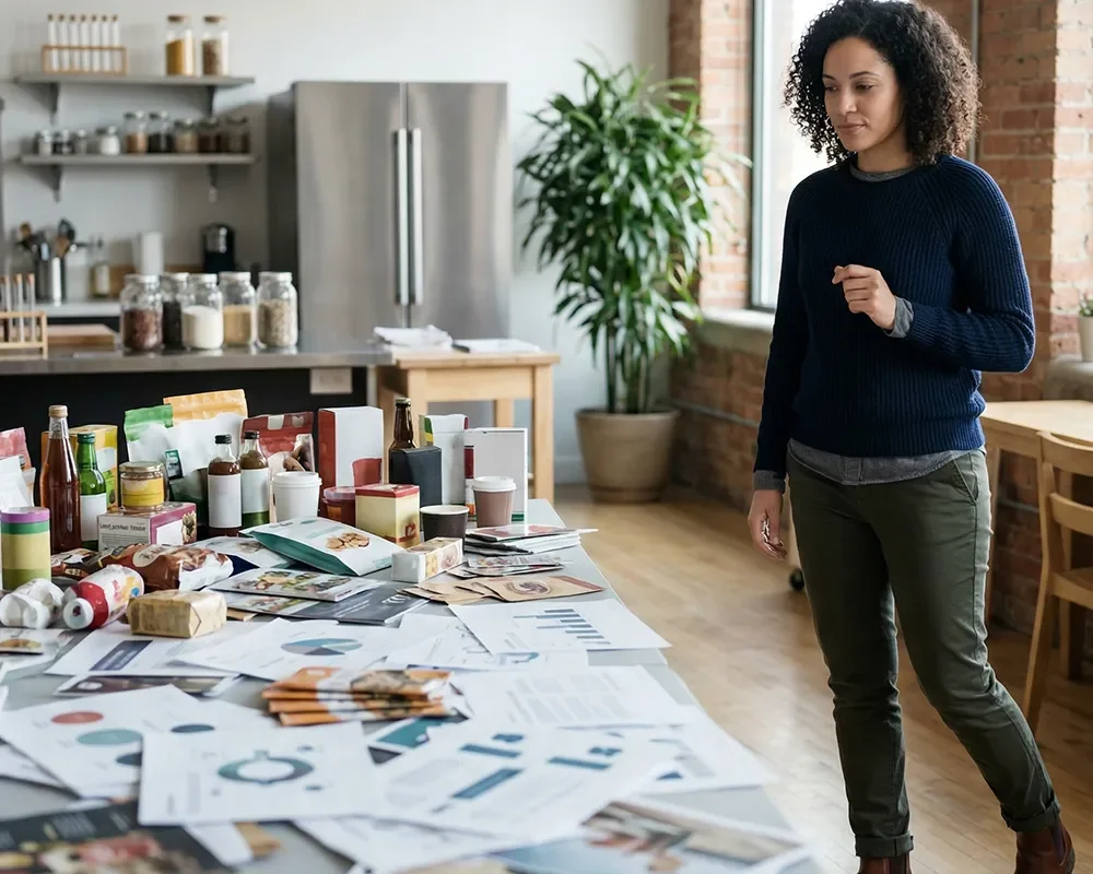 Product manager reviewing a large table of packaged food products and market analysis charts.