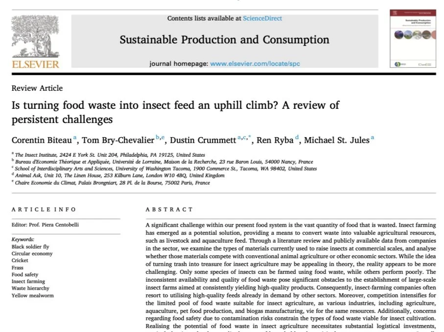 screenshot of article 'is turning food waste into insect feed an uphill climb?' with link to article