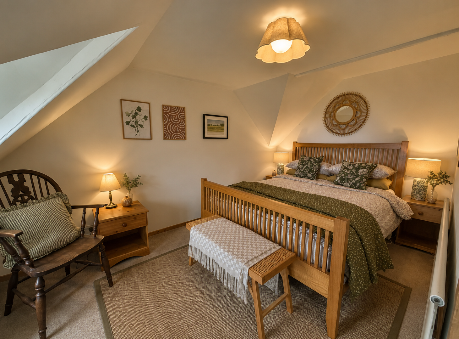 A cozy bedroom with a sloped ceiling, a wooden bed with green and beige bedding, two bedside lamps, a wooden bench at the foot of the bed, a wicker mirror on the wall, and framed artwork on the wall.