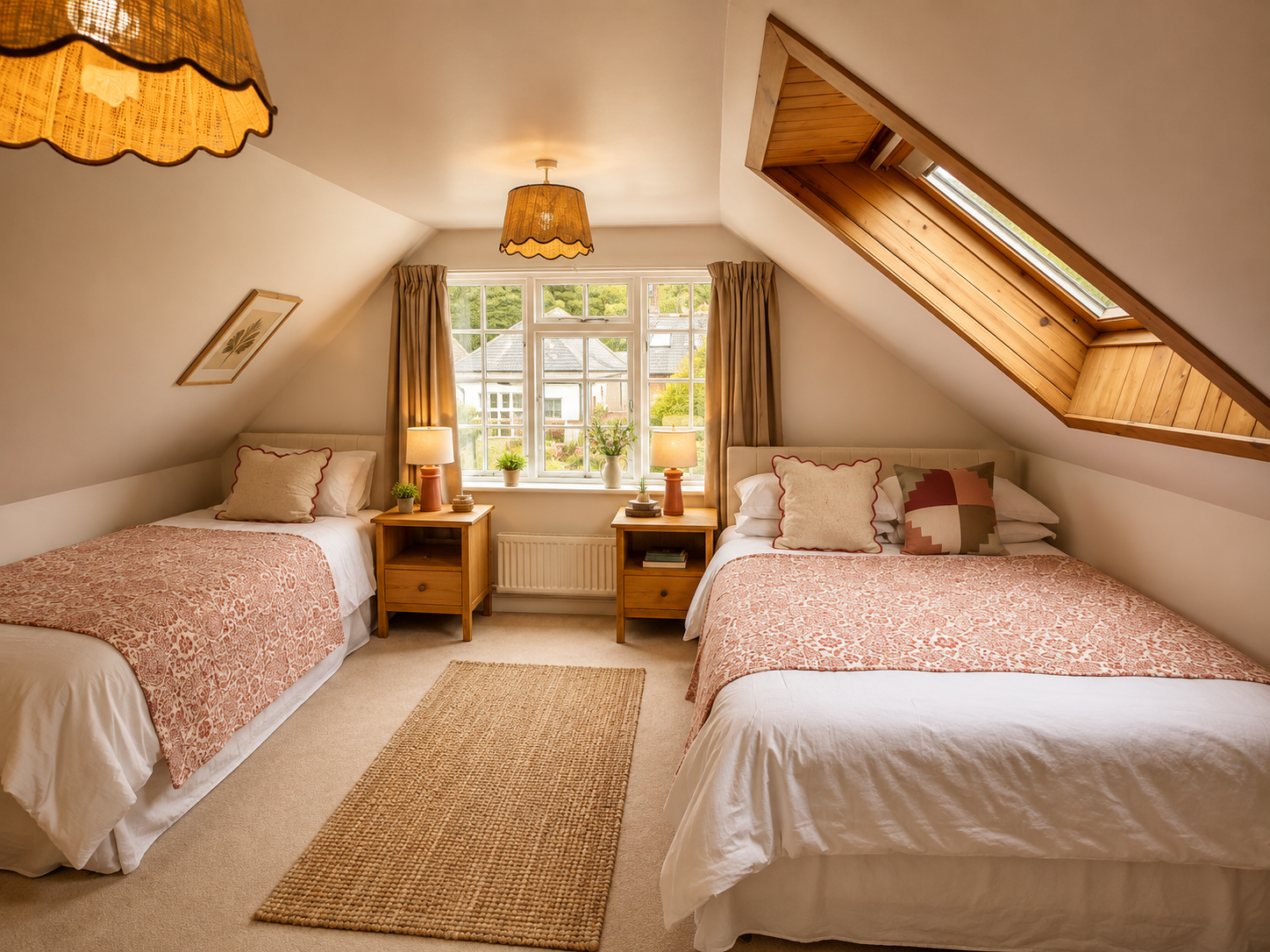A cozy attic bedroom with two beds, one single and one double, with peach patterned bedspreads. There are wooden nightstands with lamps, potted plants, and a window with beige curtains. The room has sloped ceilings with wooden beams, a skylight, a be