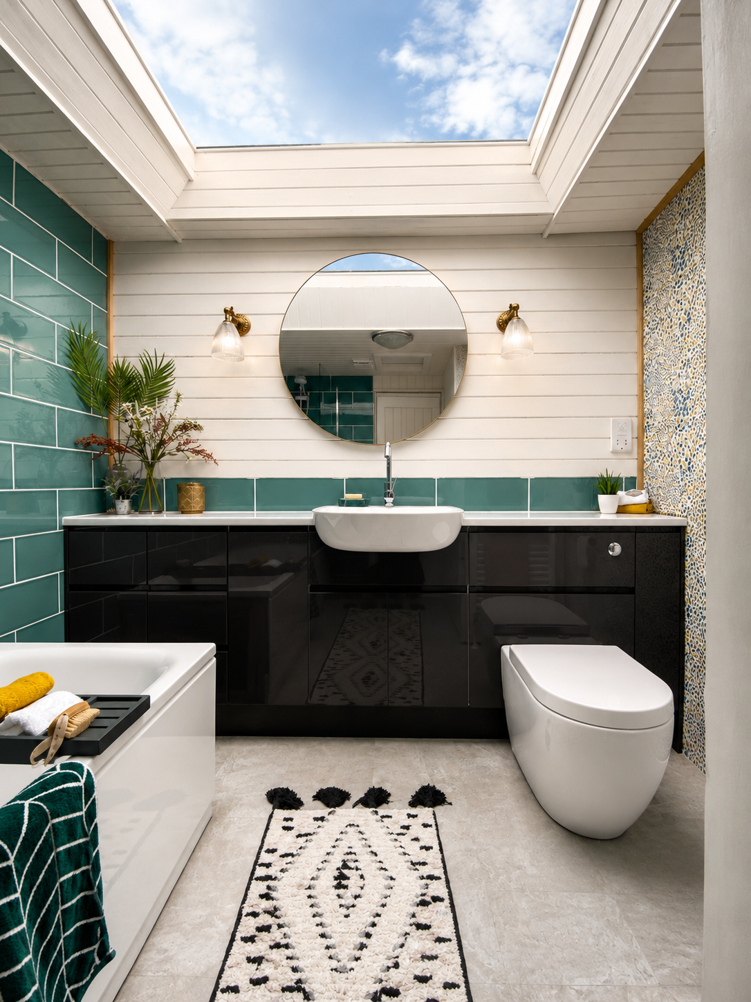 The beautiful skylight and shiplap were already there. We elevated the space with a simple palette.