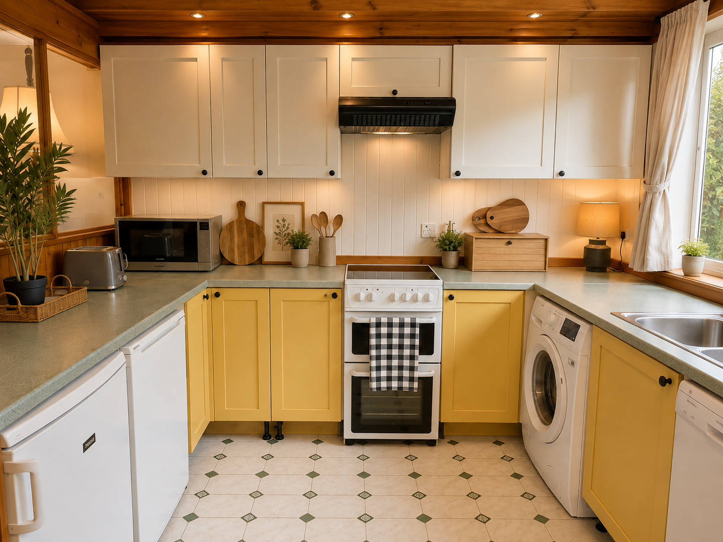A cozy kitchen with yellow cabinets and white upper cabinets. It features a stove with a black-and-white checkered towel hanging from the oven handle. The countertop holds small kitchen utensils, plants, and appliances including a microwave, toaster,