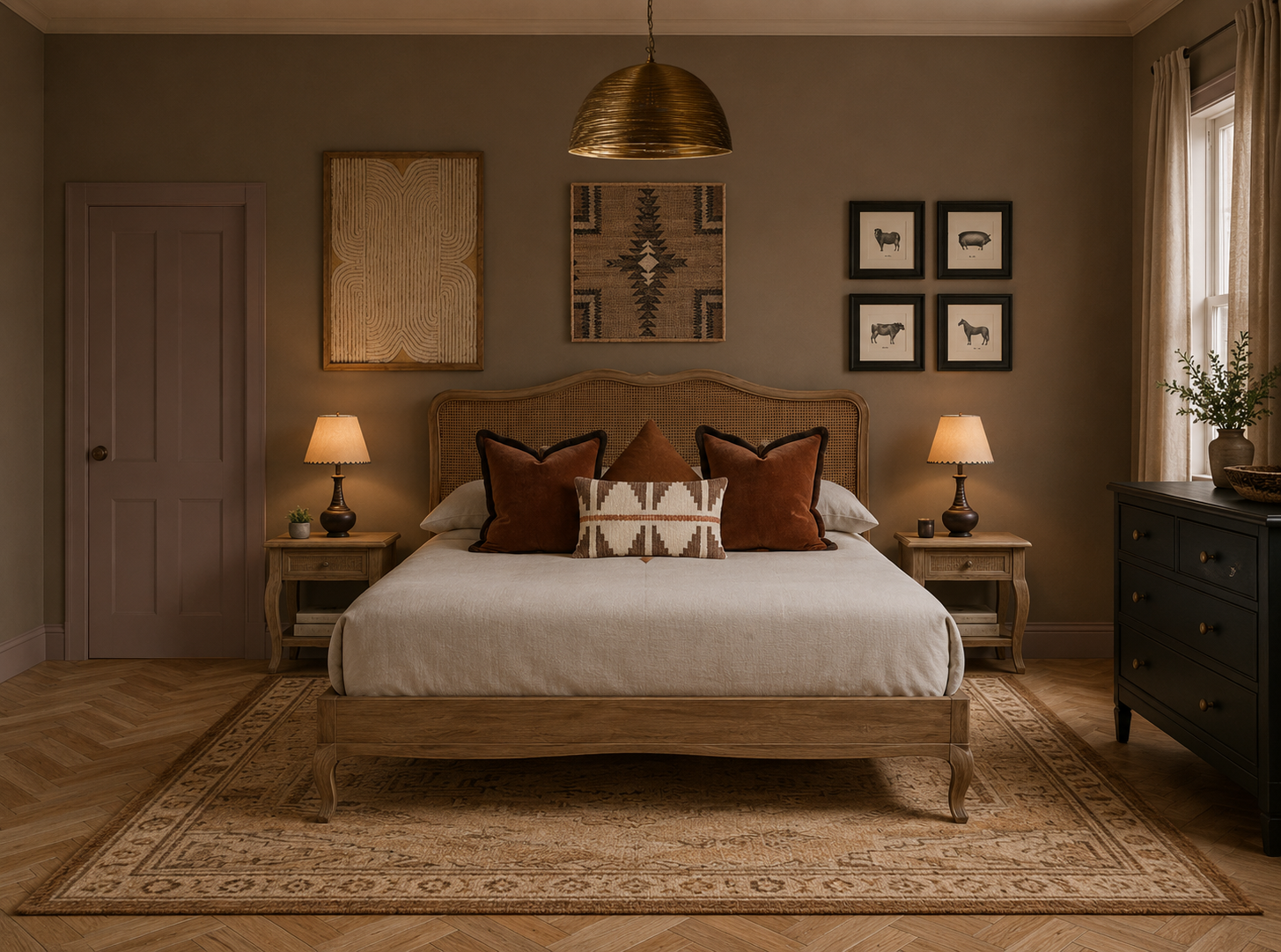 A cozy bedroom with a wooden bed frame, beige bedding, and decorative pillows. Two bedside tables with lamps, a chest of drawers on the right, framed artwork, and a window with curtains are visible.