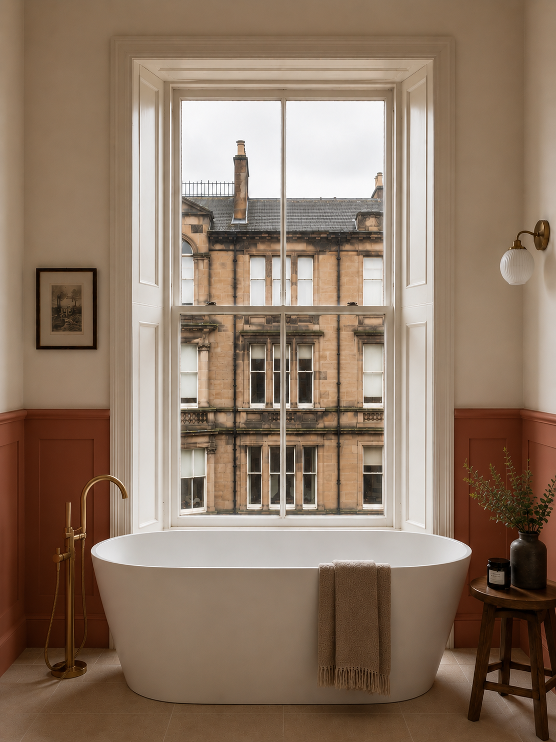 A bathroom with a freestanding white bathtub in front of a large window showing a view of a historic brick building. The room has peach-colored wainscoting, a small wooden side table with a plant and a candle, and simple wall decor.