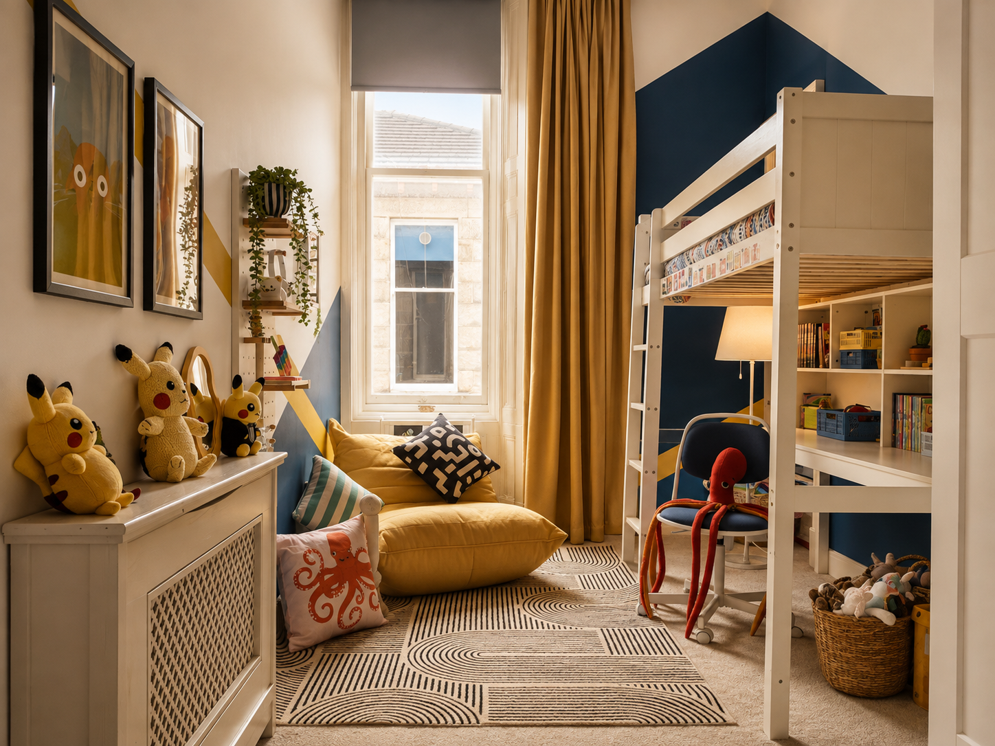 Colorful children's bedroom with plush Pikachu toys, books, and seating area near window, bunk bed with tentacles, blue and yellow wall design, and decorative rug.