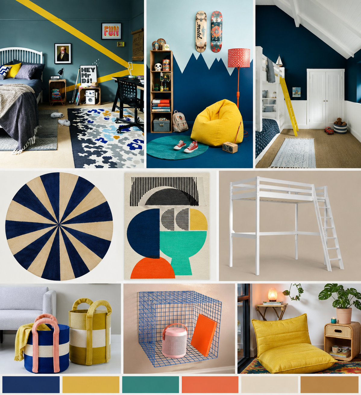 The moodboard - we loved the combination of bold blue and yellow paintwork and playful accessories.