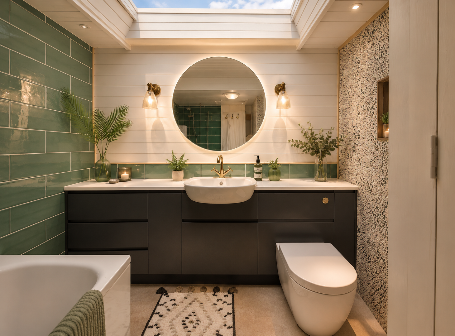 A modern bathroom featuring a black vanity with a white countertop, a white oval sink with gold faucet, large round mirror, green tiled wall, and decorative accents like plants and candles.