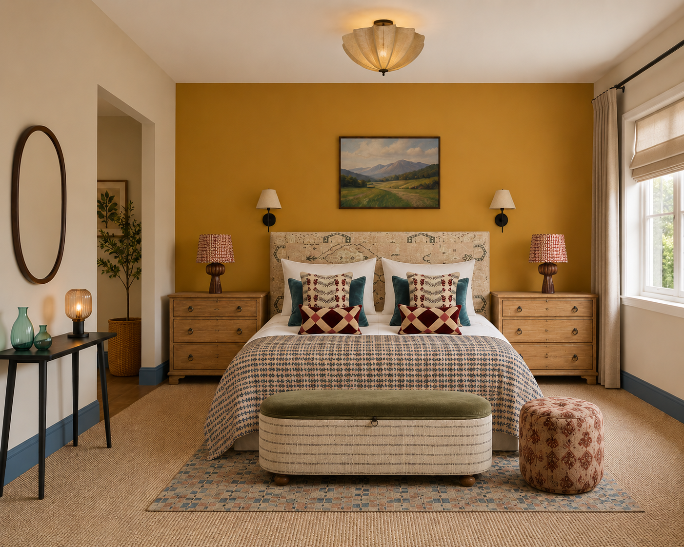 A cozy bedroom with a large bed featuring a patterned beige upholstered headboard, four decorative pillows, and a quilted bedspread. There are two wooden nightstands with lamps, a framed landscape painting above the bed, a green ottoman at the foot o