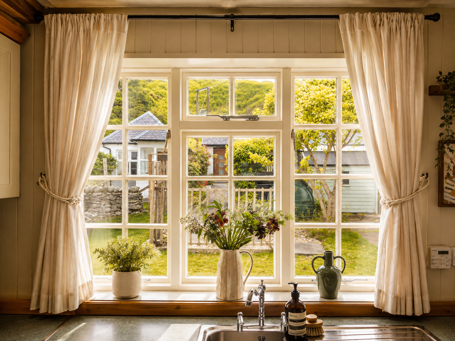 A kitchen window with cream-colored curtains tied to the sides, showing a lush garden and house outside. There are plants on the windowsill, including a vase of flowers and a green jug, with a sink and faucet in front.