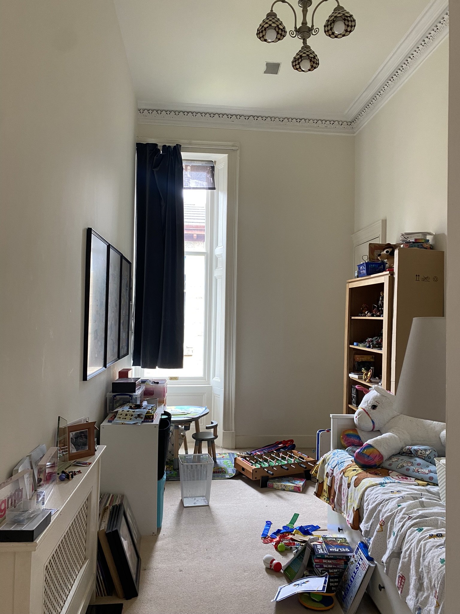 The original bedroom needed an injection of fun, playfulness and personality. They needed storage and way to mazimise the very high ceilings of their Glasgow Victorian property.