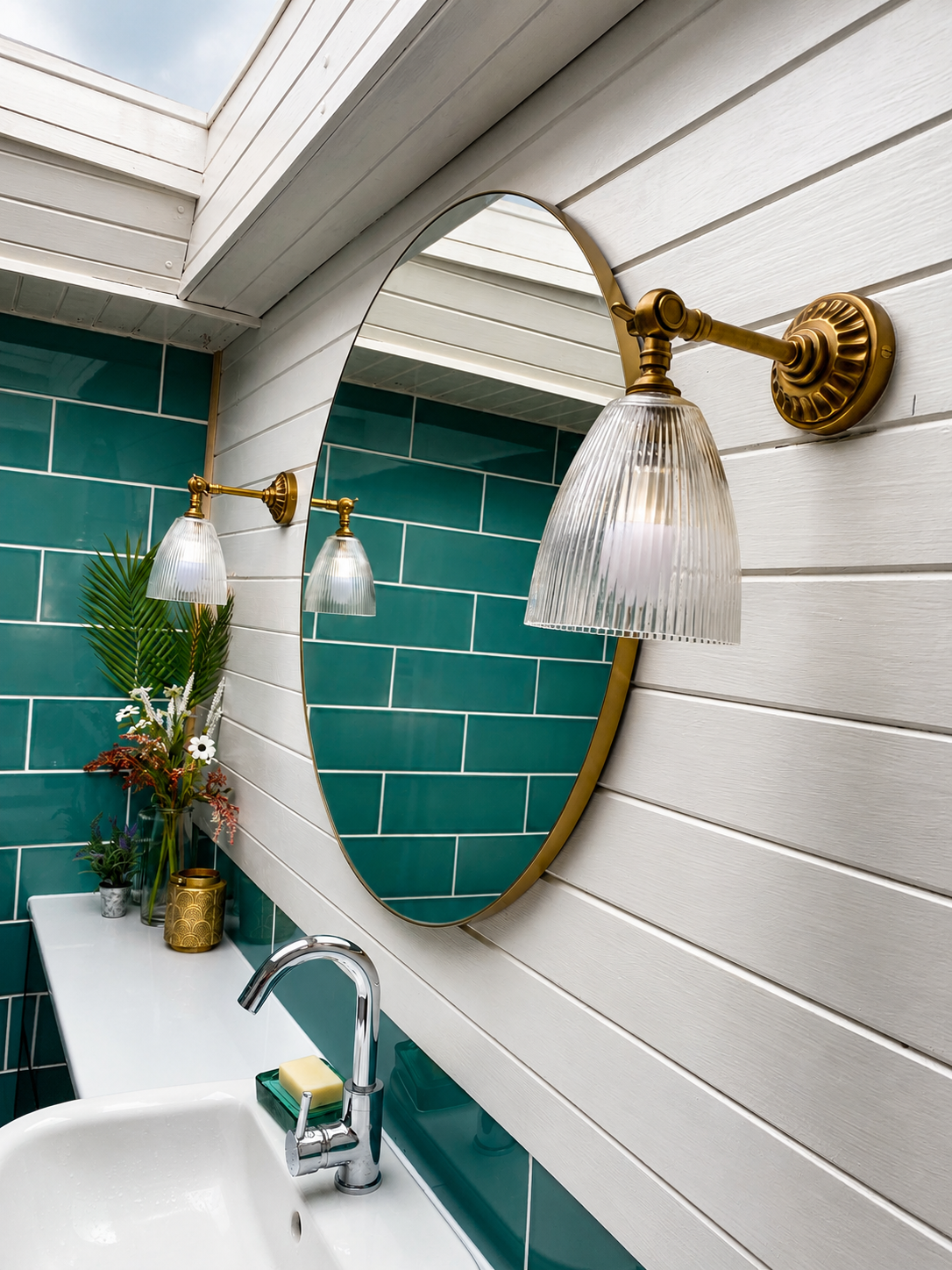 A large brass mirror and matching wall lights gives a nautical feel. Evoking a steam ship cabin bathroom to echo the seaside location of the cottage.