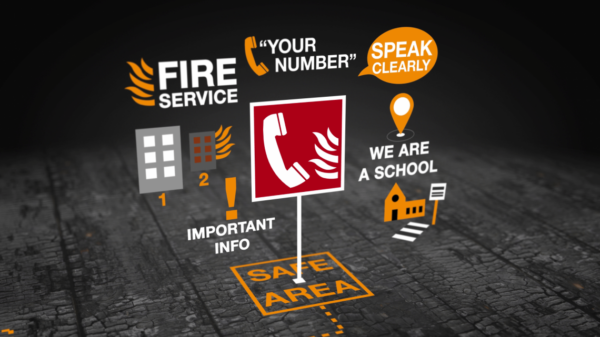 Infographic about fire safety including icons for fire service, emergency contact, important info, school, and a safe area.