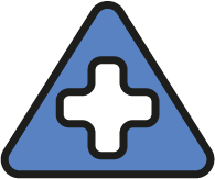 Blue triangular logo with white cross