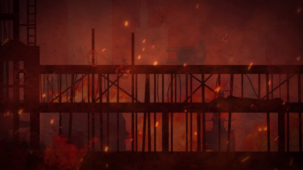 Construction site during a fire with visible flames, smoke, and scaffolding.