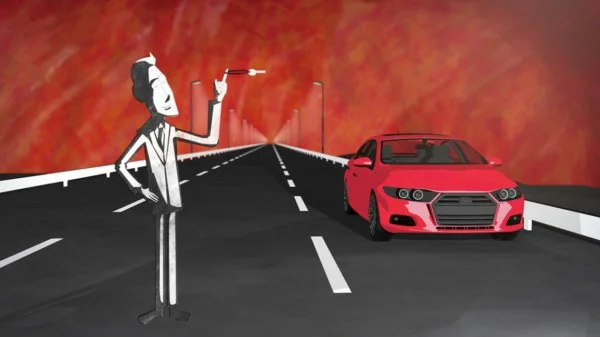 A stylized drawing of a man standing on a road, holding a cigarette in one hand, with a red sports car parked nearby against a red and orange sky.