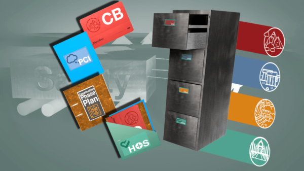 A gray filing cabinet with four drawers, each labeled with different colored tags. To the left, colorful cards labeled PCI, Phase Plan, GB, and H&S are displayed, along with various icons representing different sectors or industries.