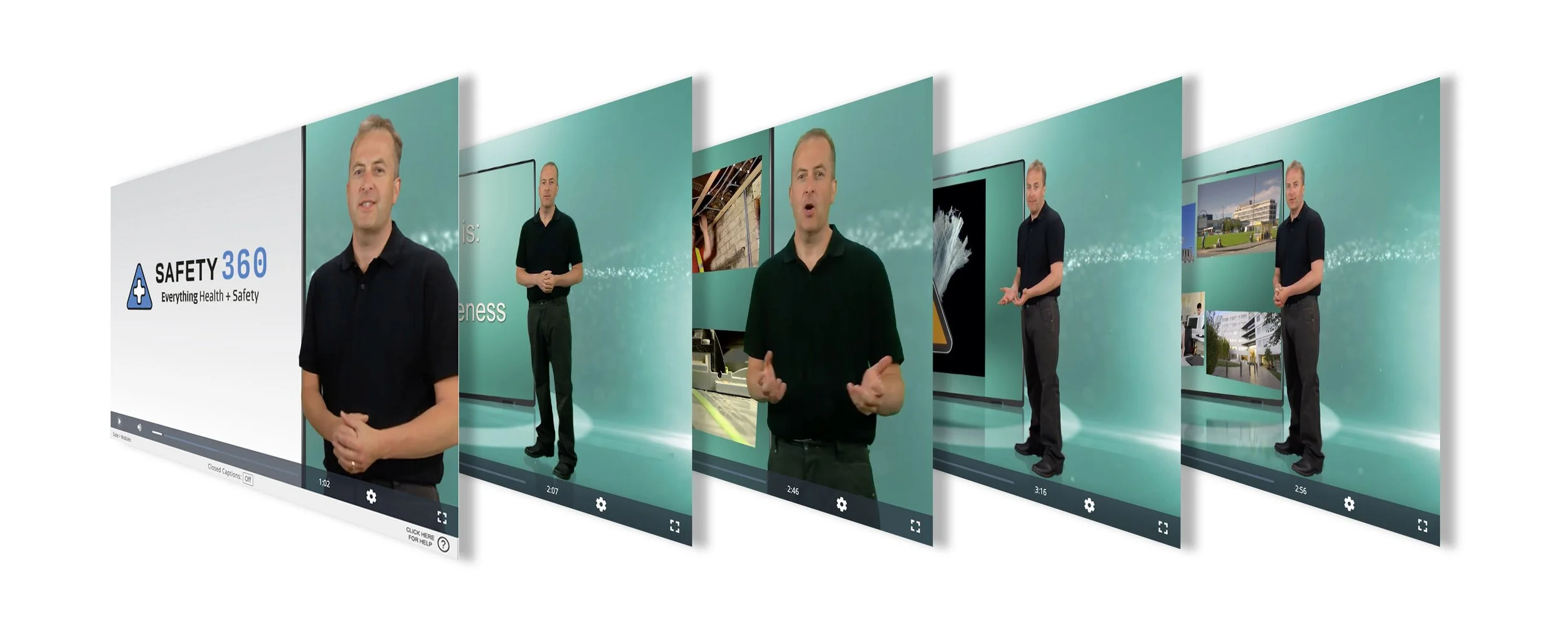 Collage of a man presenting in a video titled Safety 360, focusing on health and safety topics, with various backgrounds and text panels.