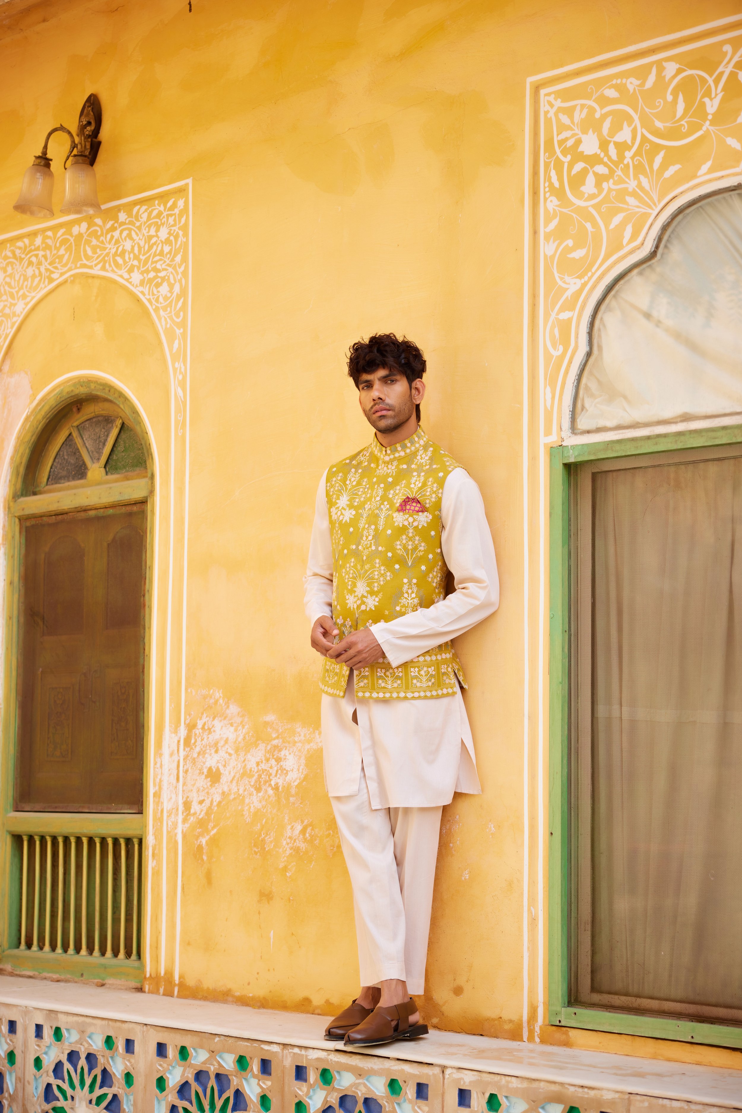 Mustard multicolour threadwork motif Waistcoat and Kurta set
