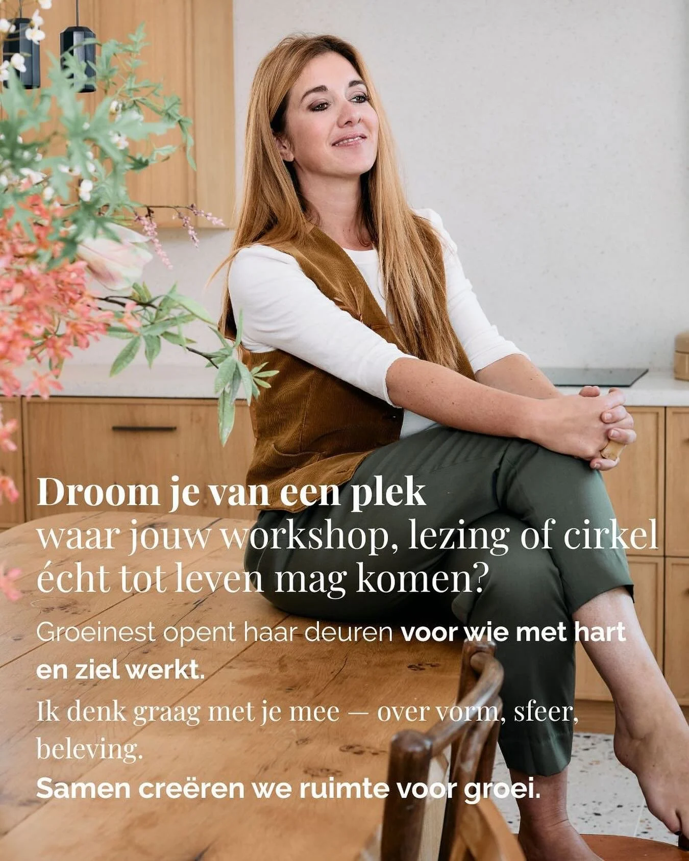 &ldquo;Droom je van een plek...&rdquo;

Groeinest opent haar deuren
voor wie met hart en ziel werkt.

Samen cre&euml;ren we ruimte voor groei &mdash;
in vorm, sfeer en beleving.

Ontdek de mogelijkheden voor jouw workshop of retreat via groeinest.be 