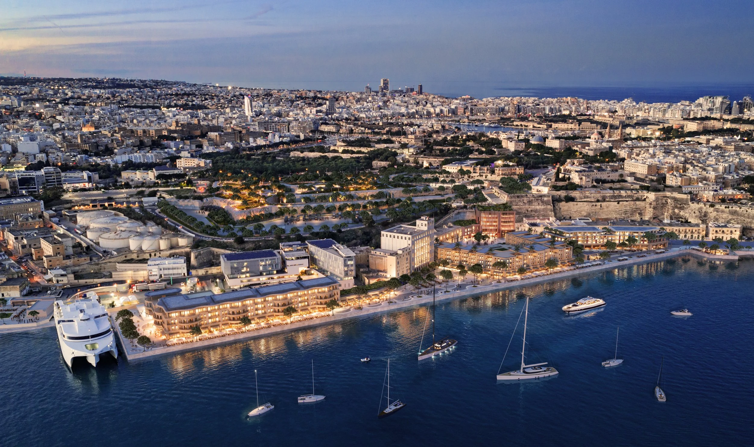 chapman taylor - malta harbour masterplan 08 - CGI Aerial Gun to Flagstone Wharf NIGHT - 05.jpg