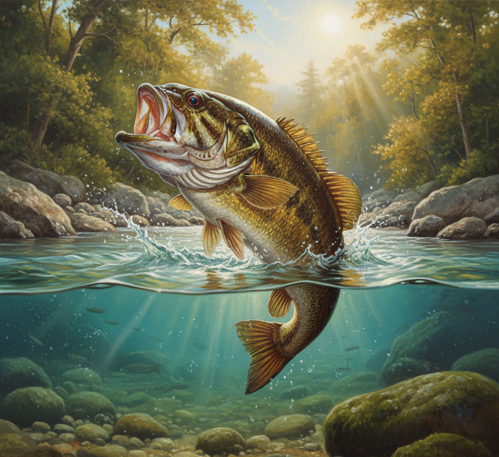 Elite Smallmouth Bass for live stocking, featuring athletic, bronze-backed fish hand-selected for clear-water private ponds and rocky-bottomed fisheries.