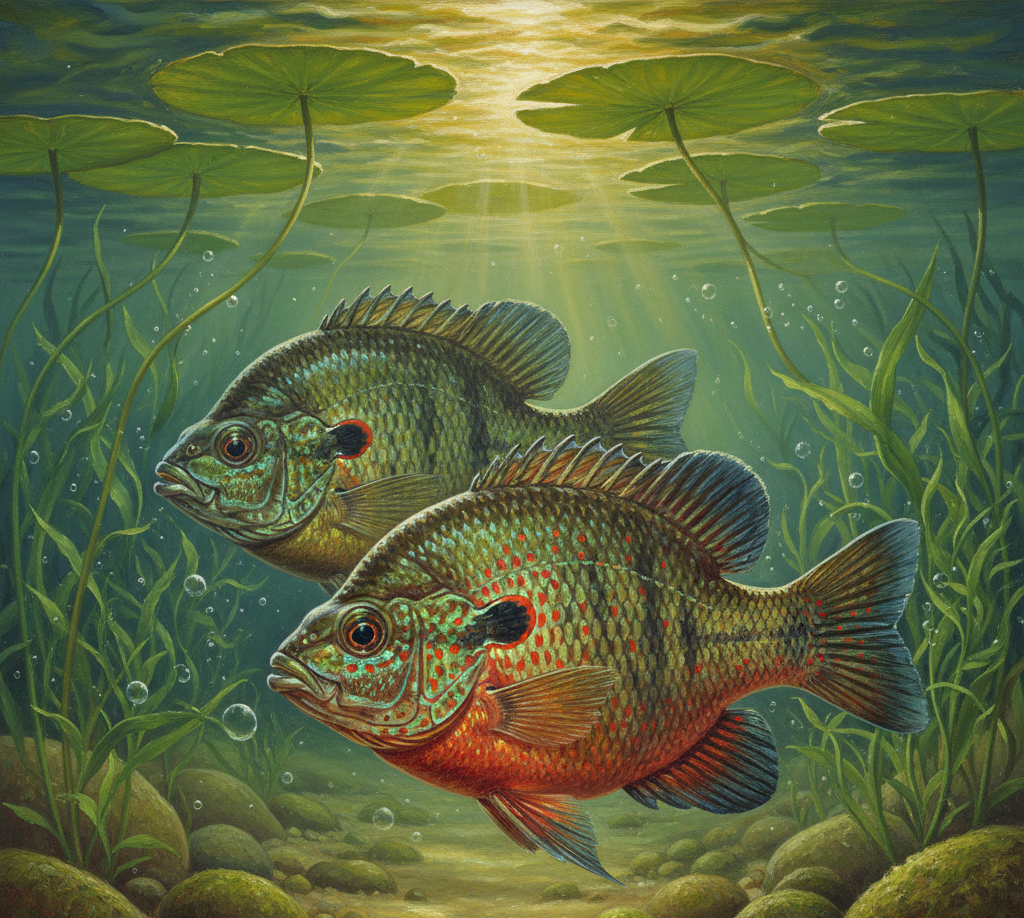 Premium Green and Orange spotted Sunfish for live stocking, providing hardy, hand-selected biodiversity and high-action sport for private and public ponds and recreational fisheries.