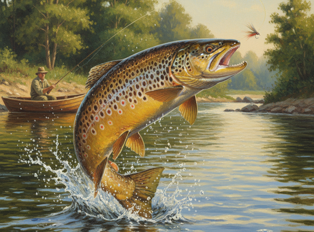Hardy gold-and-crimson brown trout for professional stream and river stocking.