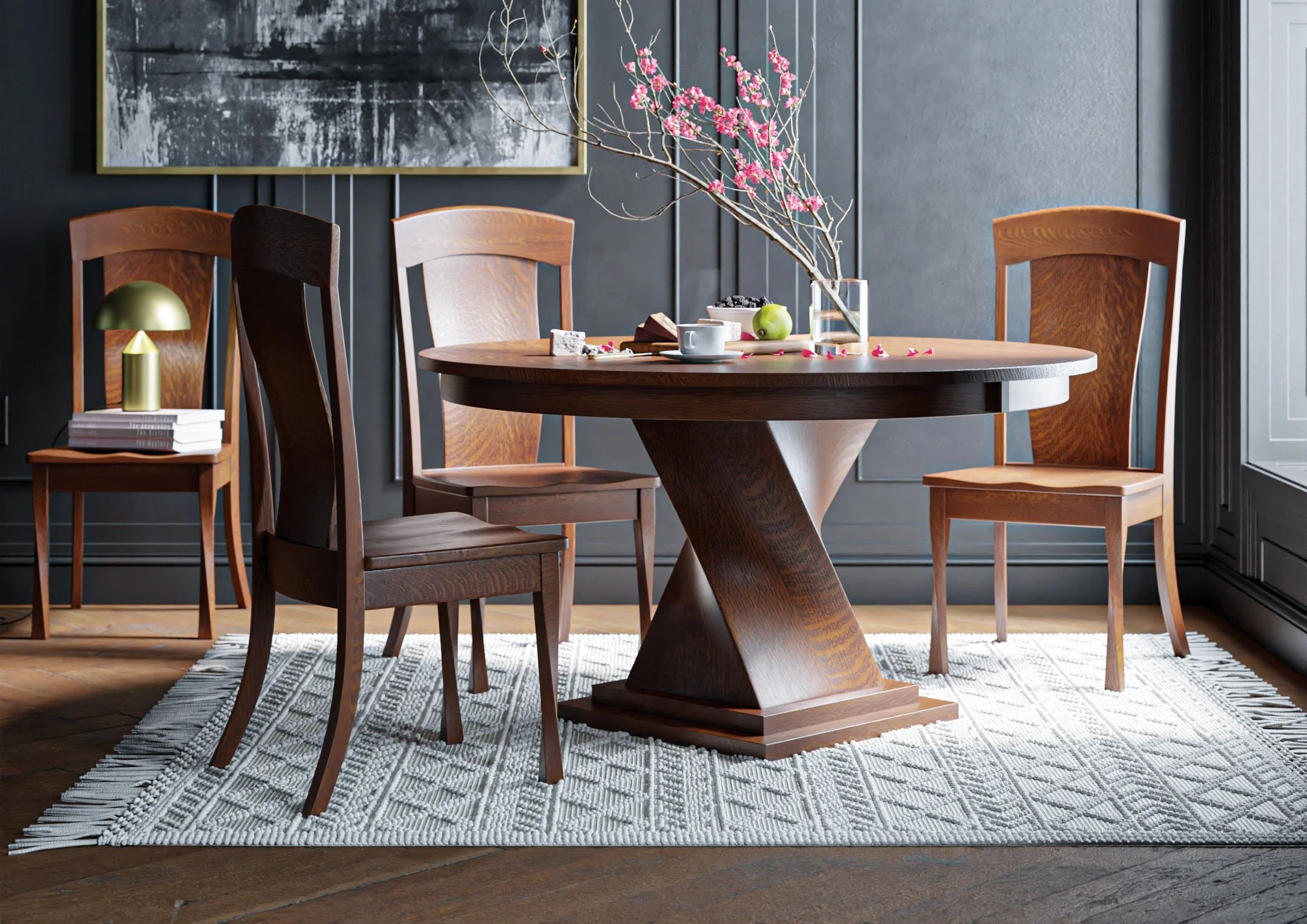 Lexington Pedestal solid wood dining table with coordinating wood chairs