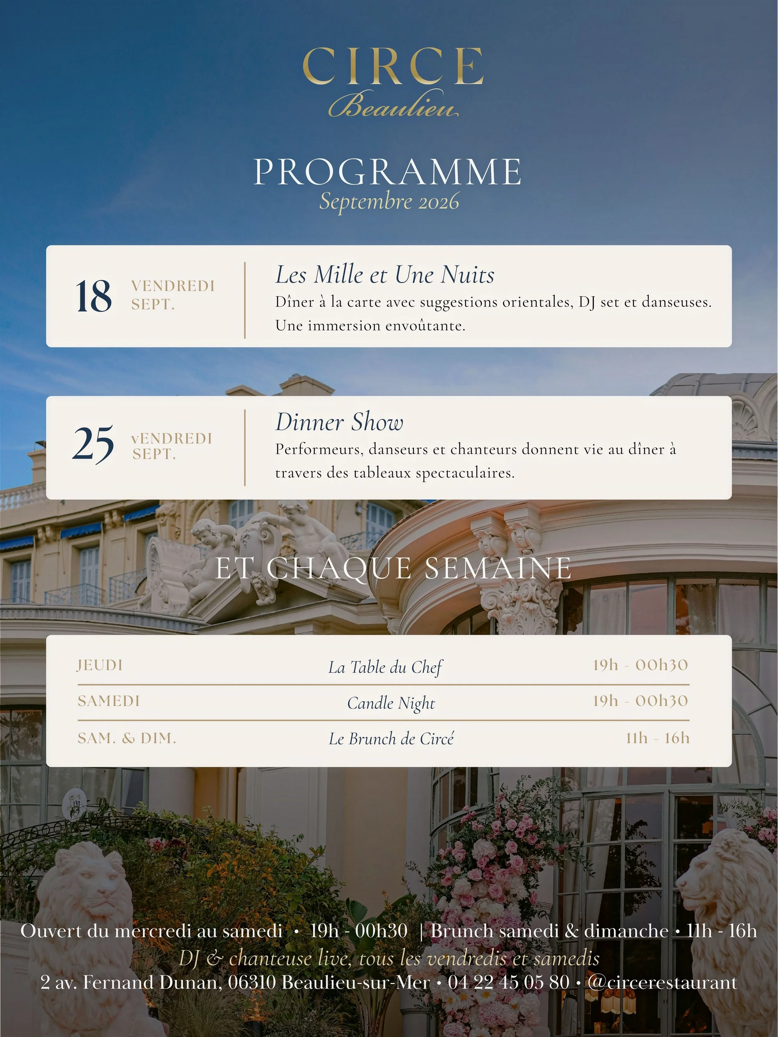 Les prochaines semaines s&rsquo;annoncent anim&eacute;es au Circ&eacute;!

D&icirc;ners, musique live, DJ sets et soir&eacute;es festives :
d&eacute;couvrez le programme de septembre et notez vos dates pr&eacute;f&eacute;r&eacute;es. 🥂

On vous atte