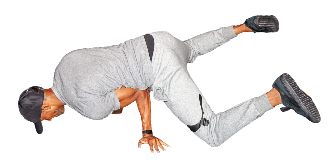 Daddy Long Leggs is performing a TURTLE which is a well known foundational B-BOY (break dance) float move from the 1970's.