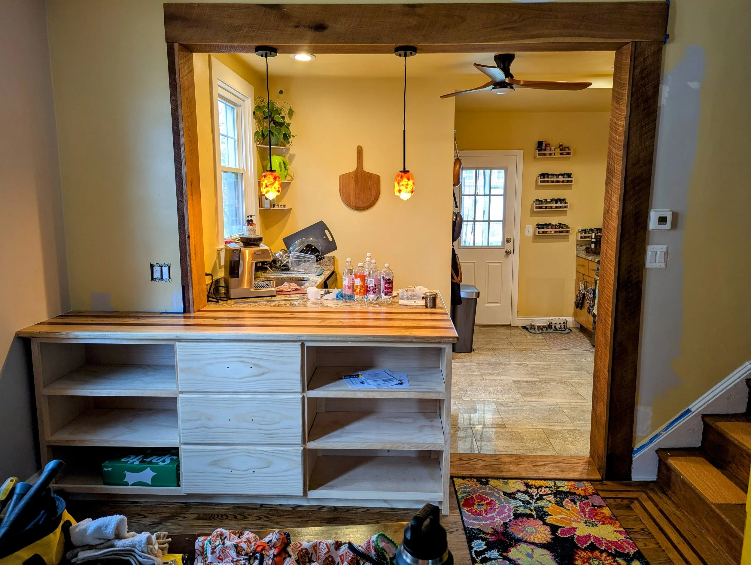 Reclaimed oak box beam, custom cabinet and counter